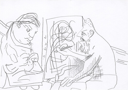S597 &ndash; Pablo PicassoDer Maler und sein Modell1927  &ndash; Illustration zu Balzaks "Le Chef-d' œuvre inconnu", erschienen 1931 bei Ambroise Vollard.Radierung 28&nbsp;cm x 19&nbsp;cm 